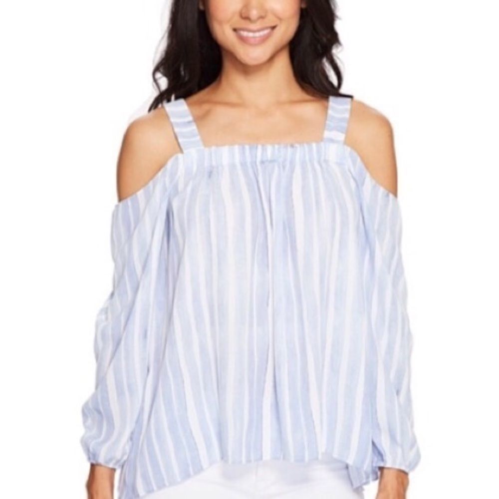 𝅺VINCE CAMUTO Sleeveless Oversized Off Shoulder Striped Blouse Blue White XS